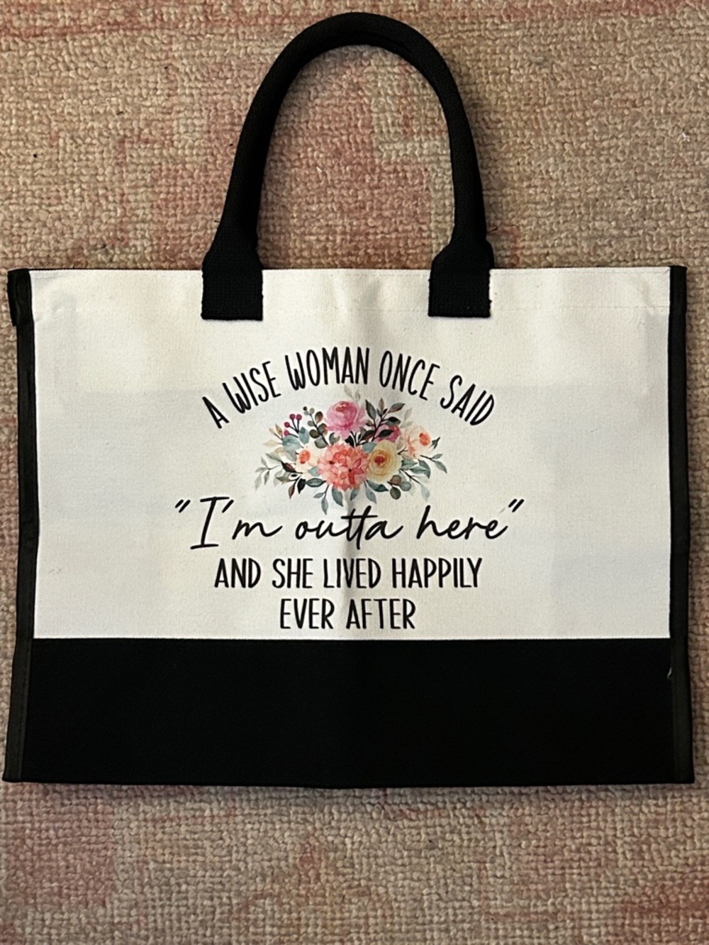 Black & White Canvas Tote with Floral Accent